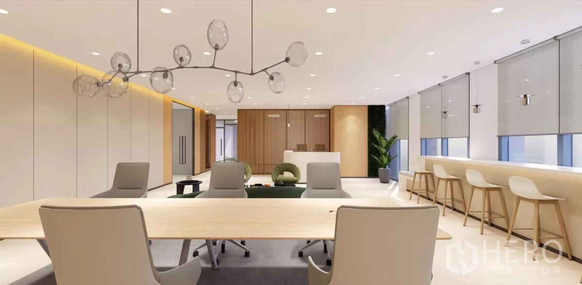 Office Space for rent in Huai Khwang, Bangkok - Boardroom view across the open office with chandelier lighting and window bar seating.