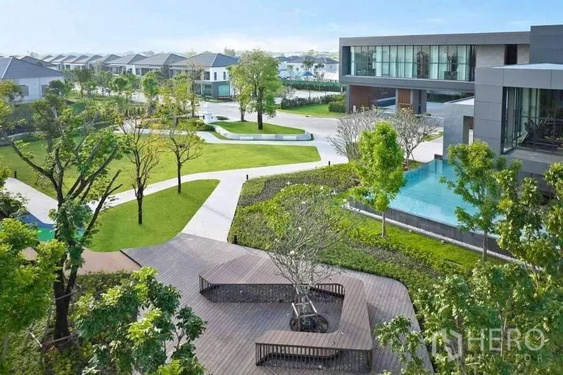Detached House for sale in Bang Phli, Samut Prakan - Landscaped community garden and modern clubhouse viewed from above