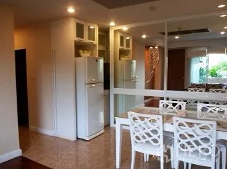 Condominium for rent in Pathum Wan, Bangkok - Open-plan dining and pantry area with a white dining set, mirrored wall, and refrigerator.