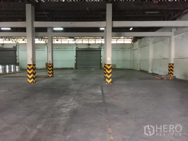 Warehouse for rent in Pathum Thani - Empty warehouse facing multiple roll-up shutter doors and loading area with marked columns.
