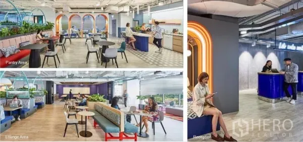 Office Space for rent in Bang Rak, Bangkok - Collage showing colorful lounge, pantry area and a modern reception counter.