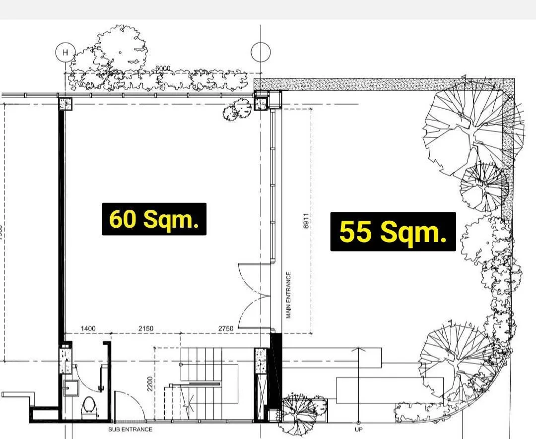 Retail Space for rent in Watthana, Bangkok - Ground-floor plan showing 60 sqm interior and 55 sqm outdoor terrace.