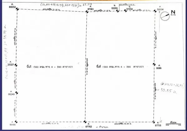 Land for rent in Prawet, Bangkok - Survey map showing boundaries and measurements for a 780-square-wah land plot in Prawet, Bangkok.