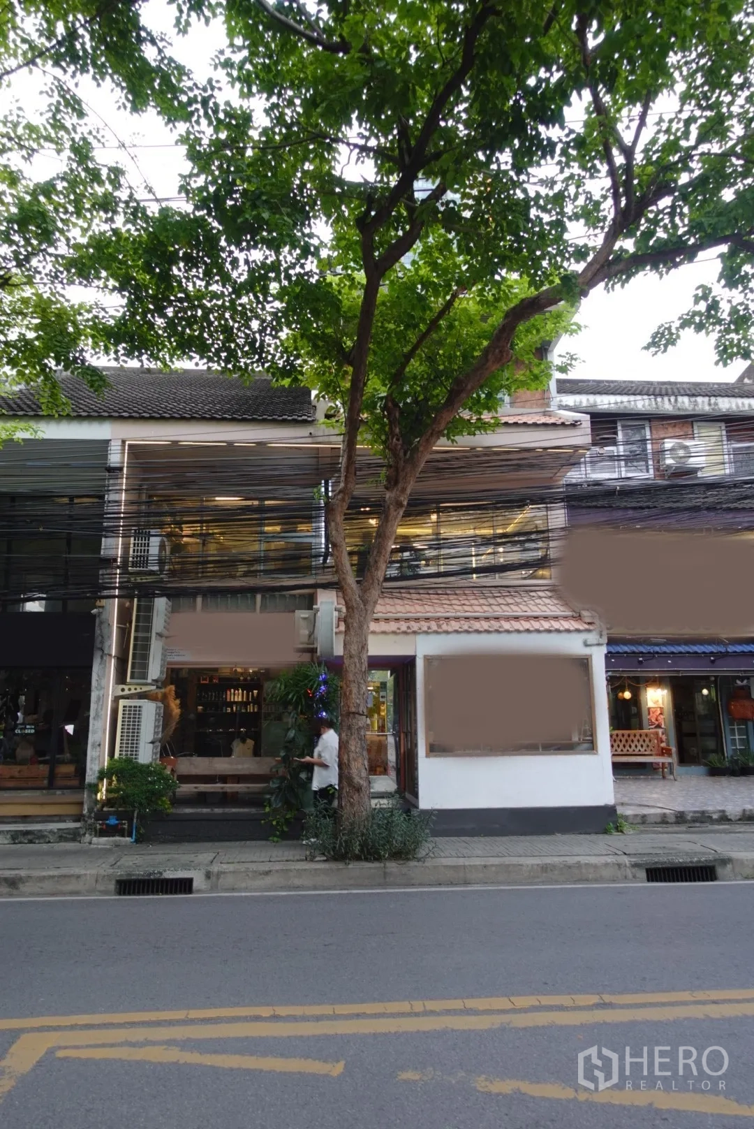 Retail Space for rent in Khlong Toei, Bangkok - Street-front shophouse retail facade with wide windows and a mature tree on a leafy Khlong Toei lane.