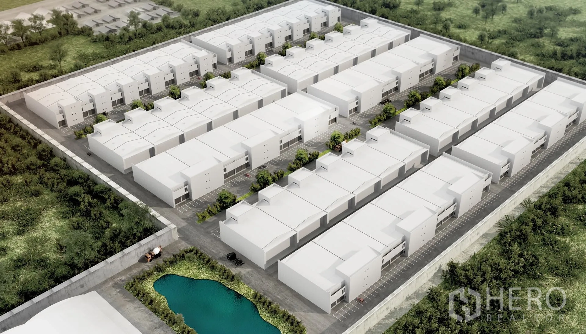 工厂 出租在Khlong Luang, Pathum Thani - 工业园鸟瞰渲染图，多排厂房与景观水池。