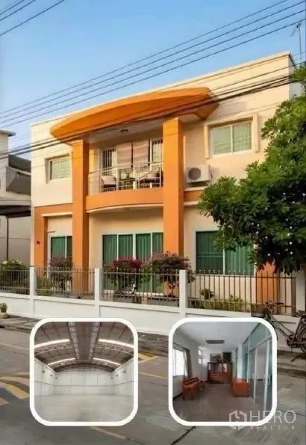 工厂 for rent in Phra Samut Chedi, Samut Prakan - 两层工厂办公楼外立面，橙色立柱与阳台，围栏大门。