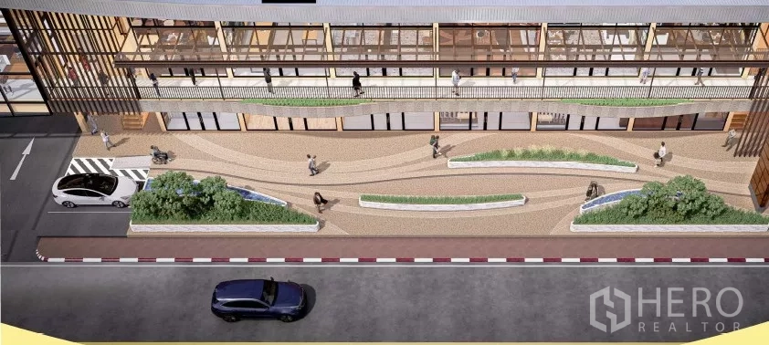 Retail Space for rent in Khlong Toei, Bangkok - Aerial view of landscaped pedestrian plaza in front of retail units.