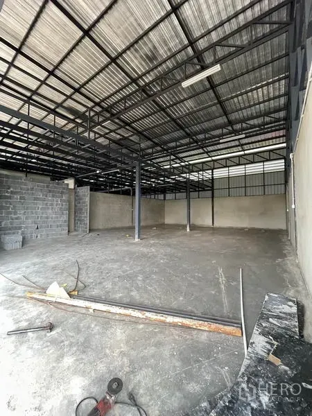 Warehouse for rent in Pathum Thani - Open warehouse interior with high steel truss roof, concrete floor and central columns.