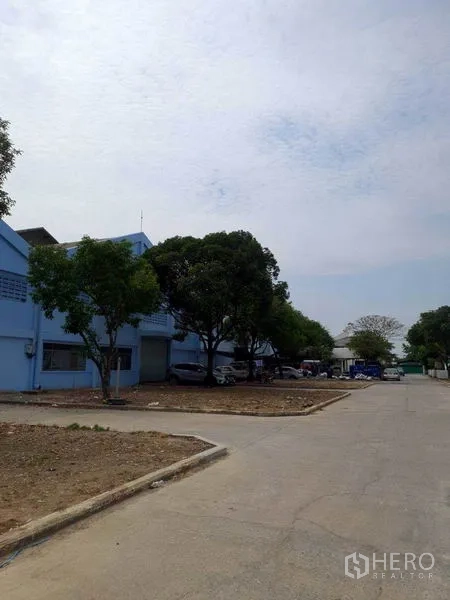 Warehouse for rent in Nakhon Pathom - Side view of warehouse row with trees and ample setback along a concrete road.