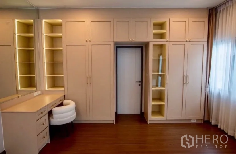 Detached House for rent in Bang Phli, Samut Prakan - Walk-in closet with illuminated shelving and vanity station.