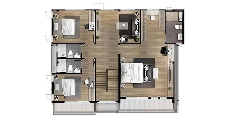 Detached House for rent or sale in Bang Khen, Bangkok - Upper-floor plan with four bedrooms, family area, balconies and bathrooms.