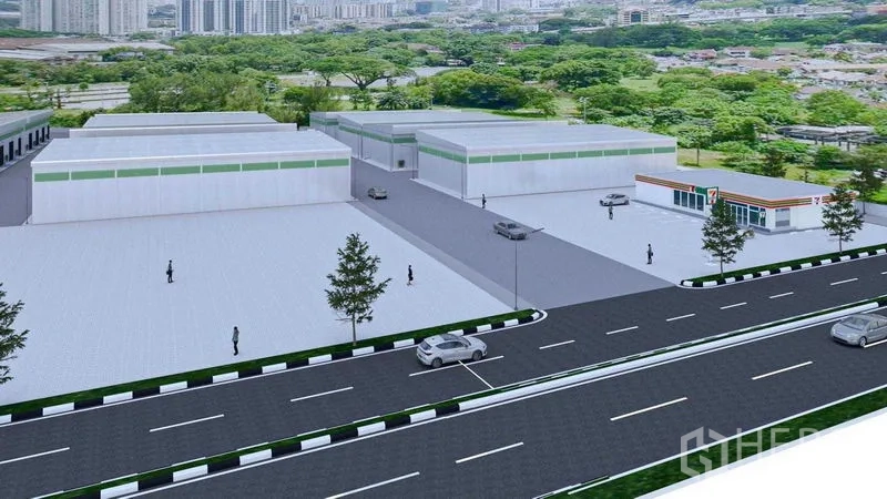 Warehouse for rent in Bang Phli, Samut Prakan - Aerial render of a warehouse complex with internal roads, parking areas, and a nearby convenience store.