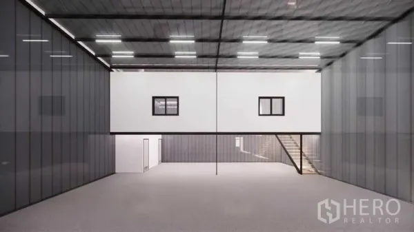 Warehouse for rent - High-ceiling warehouse interior with LED lighting, mezzanine office block, stairs and smooth concrete floor.