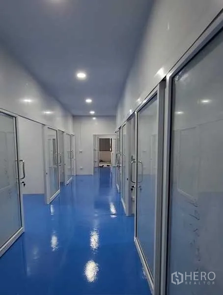 Factory for rent in Lam Luk Ka, Pathum Thani - Well-lit passage with many glass-partitioned rooms suitable for labs or offices.
