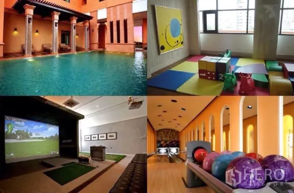 Condominium for rent or sale in Khlong Toei, Bangkok - Facilities collage showing resort-style swimming pool, indoor kids’ playroom, golf simulator and bowling alley.