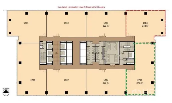 Office Space for rent in Ratchathewi, Bangkok - Office floor plan highlighting a 277 sqm corner unit with lift core, shared restrooms, pantry area, and Low‑E glass facade.