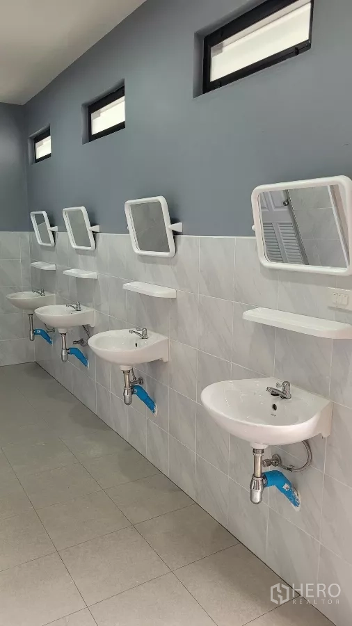 Factory for rent or sale in Phanat Nikhom, Chon Buri - Staff washroom with a row of sinks and mirrors.
