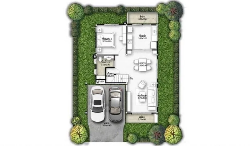 Detached House for sale in Bang Phli, Samut Prakan - Ground-floor plan showing living and dining area, kitchen, one bedroom, bathroom, terrace, and 2-car carport.