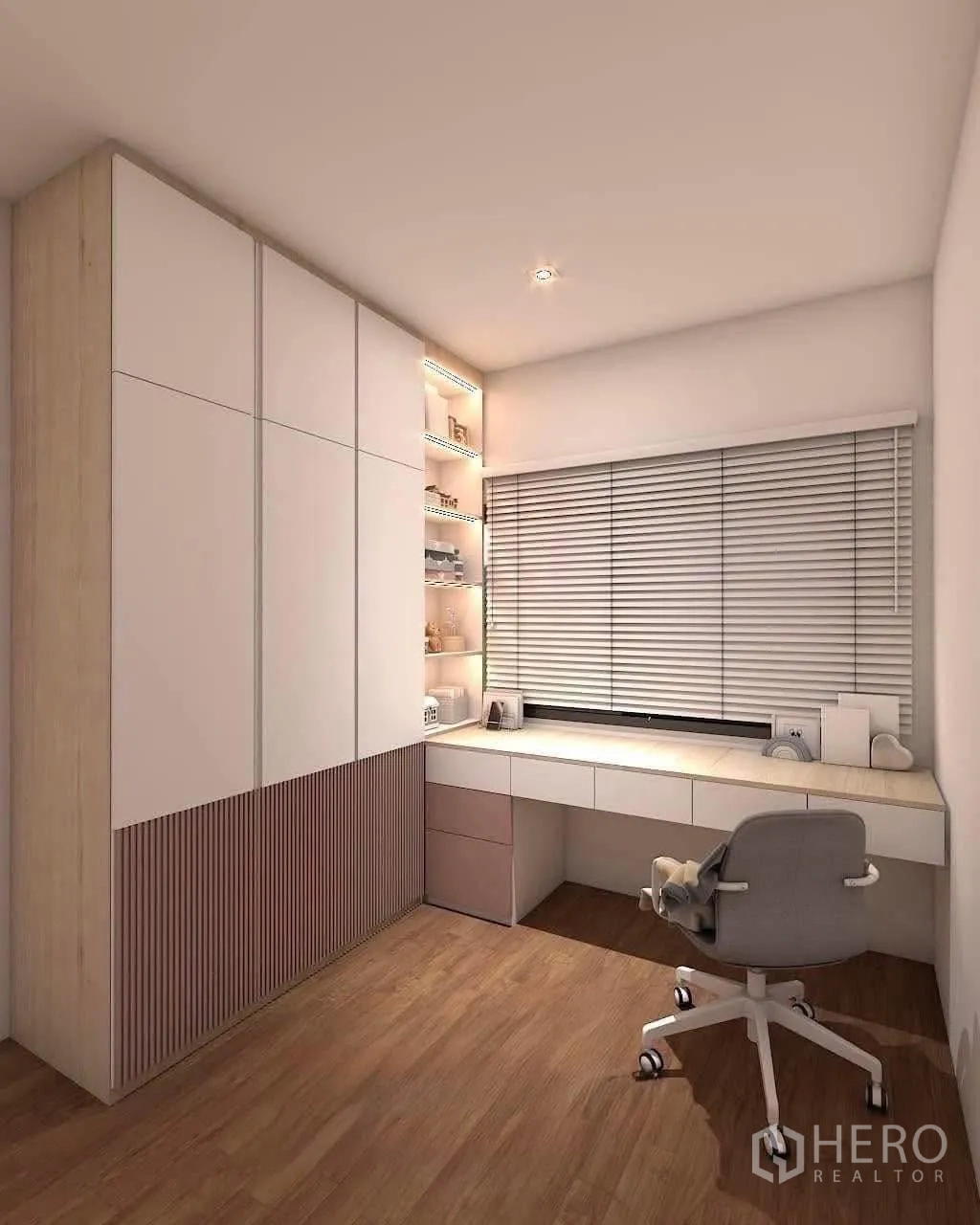 Townhouse for rent in Bang Kapi, Bangkok - Workroom with built-in wardrobes and a long desk with shelving.