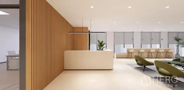 Office Space for rent in Huai Khwang, Bangkok - Modern office reception with wood slat wall, white counter, lounge seating and bar stools by large windows.