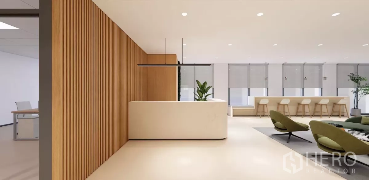 Office Space for rent in Huai Khwang, Bangkok - Modern office reception with wood slat wall, white counter, lounge seating and bar stools by large windows.