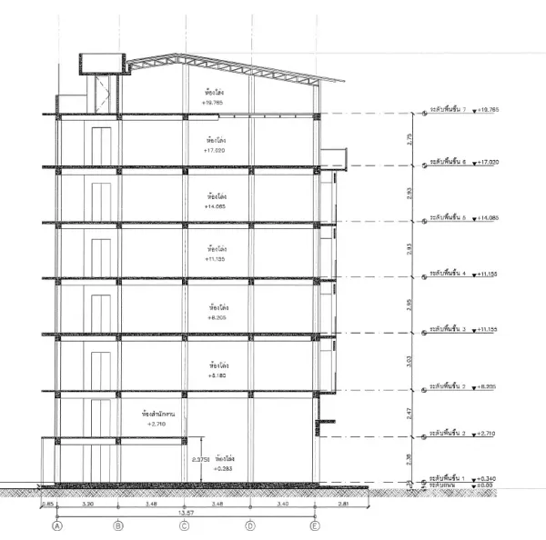 Shophouse for rent in Pathum Wan, Bangkok - Architectural section drawing showing multiple floors of a shophouse with structural details and level heights.