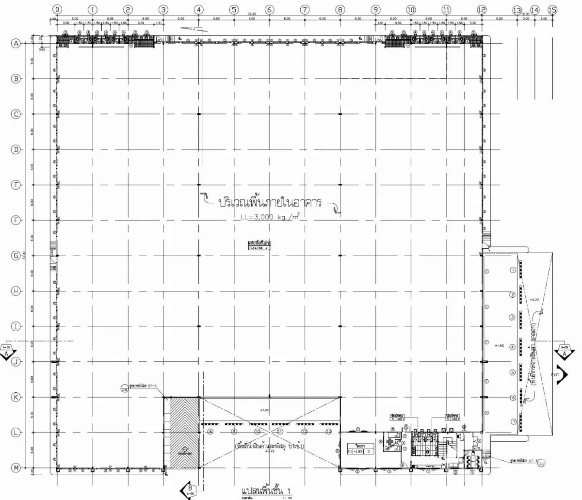 Factory for rent in Khlong Toei, Bangkok - Factory floor plan drawing showing column grid and dock layout.