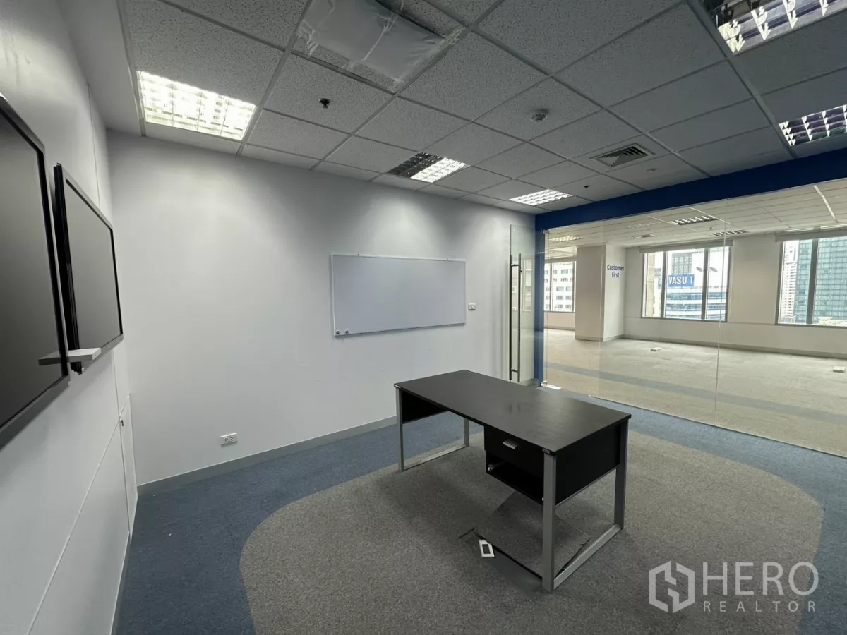 Office Space for rent in Watthana, Bangkok - Meeting room with glass wall overlooking the open office and skyline.