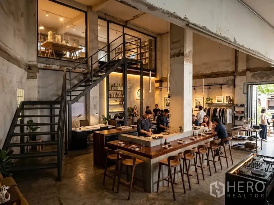 零售空间 for rent in Watthana, Bangkok - 翻新后的开放空间，岛式吧台、货架、金属楼梯和临街大门。