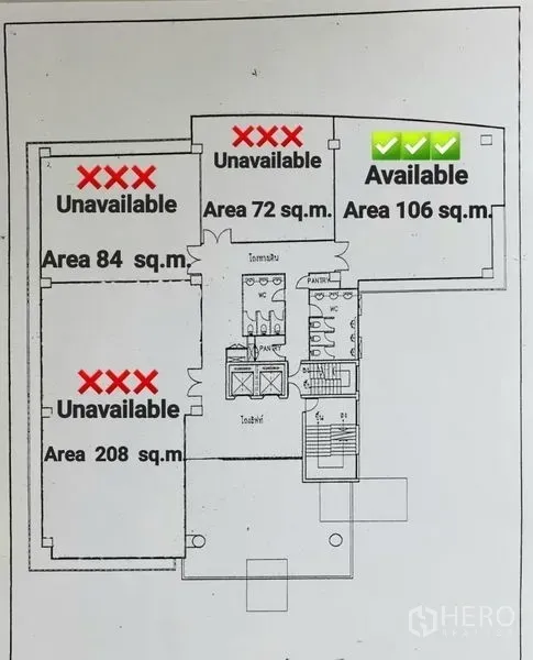 Office Space for rent in Watthana, Bangkok - Floor plan highlighting the 106 sqm office unit available near the elevators.