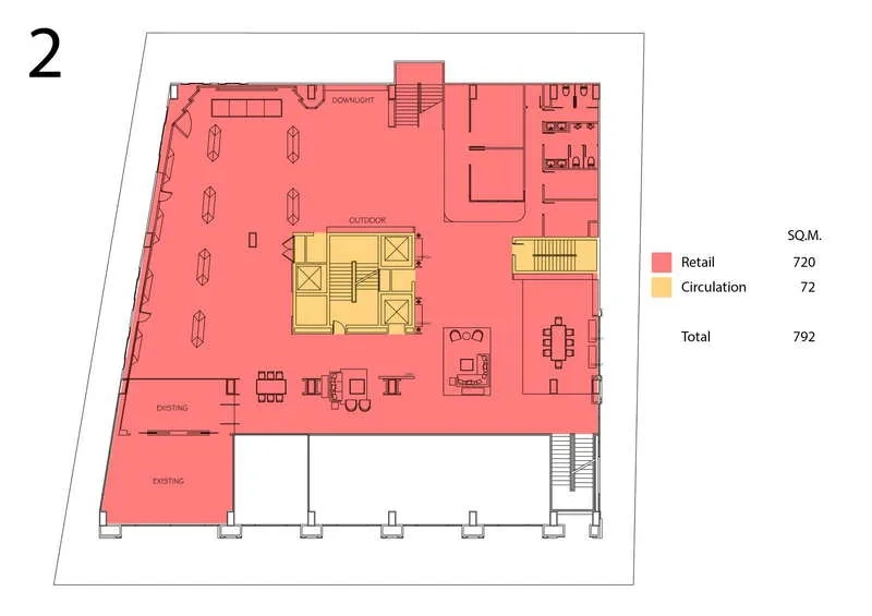 Retail Space for rent in Watthana, Bangkok - Second-floor retail layout plan with circulation and outdoor section