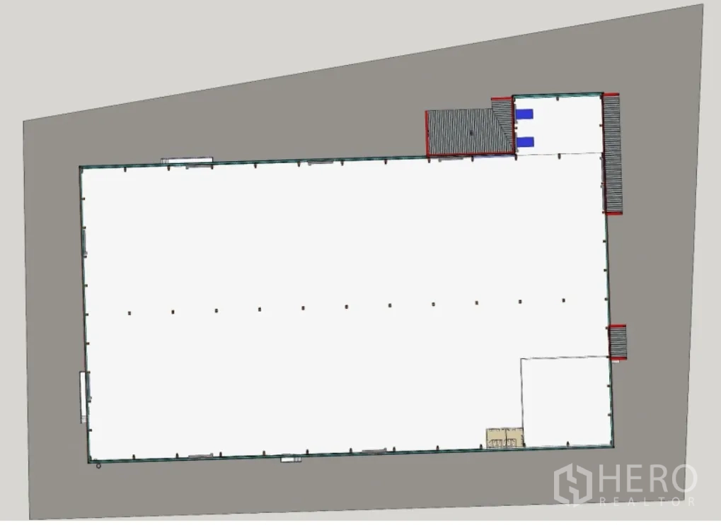 Factory for rent in Bang Pakong, Chachoengsao - Top-down site and floor plan illustrating a large rectangular production hall and surrounding yard.