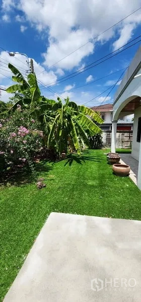 Detached House for rent in Lat Phrao, Bangkok - Lawned garden with banana trees, flowering shrubs and terracotta pots.
