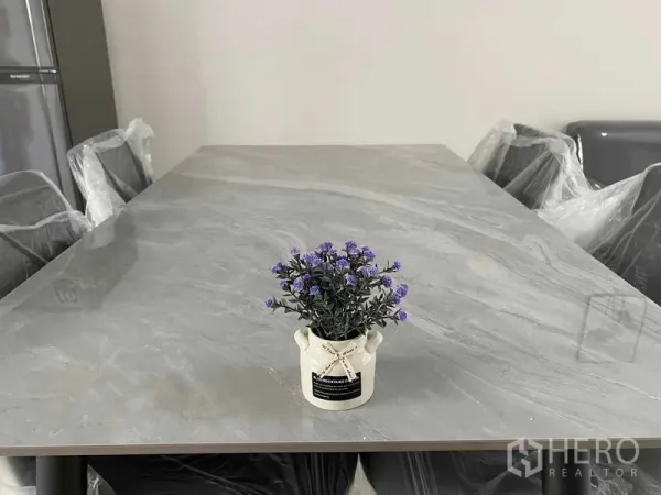 Townhouse for rent in Prawet, Bangkok - Close-up of a stone dining table with a small potted plant centerpiece.