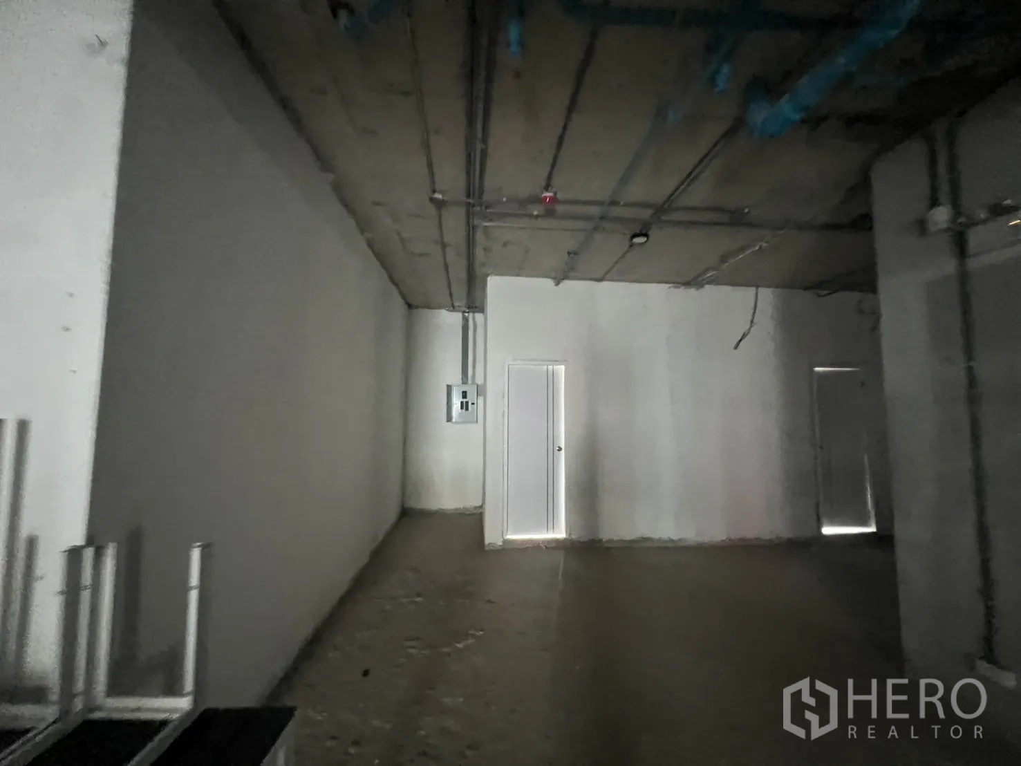 Retail Space for rent - Interior corridor with electrical panel and two solid doors in a bare-shell space.