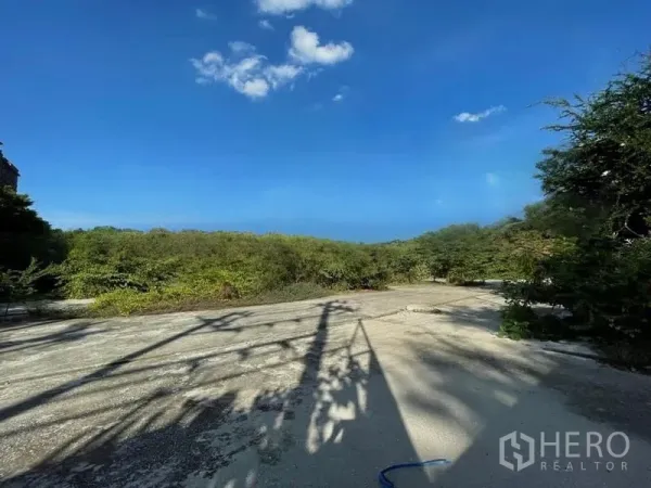 Land for rent in Phra Khanong, Bangkok - Level plot with hardstand surface, surrounding bushes, and power line shadows in the Phra Khanong area.
