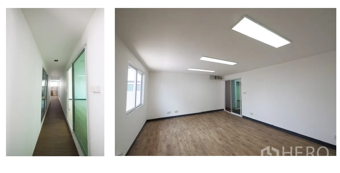 Office Space for rent in Watthana, Bangkok - Split view of a narrow hallway and a bright office room with LED panels and a window.