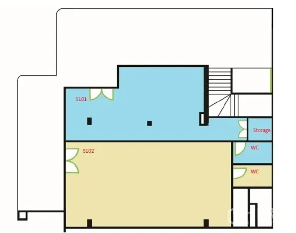 Retail Space for rent in Khlong Toei, Bangkok - Floor plan of the retail unit showing entrances, a storage room and two WCs.