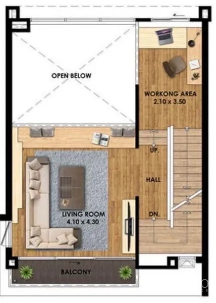 Townhouse for rent or sale in Suan Luang, Bangkok - Second-floor plan with living room, balcony, and an open work area.