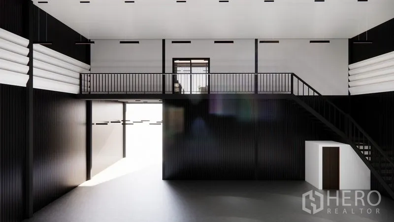Warehouse for rent in Lam Luk Ka, Pathum Thani - 3D rendering of warehouse interior featuring mezzanine level and staircase.