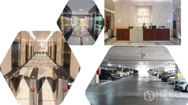 Office Space for rent in Bang Rak, Bangkok - Office tower facilities with security turnstiles, elevator lobby, reception desk and indoor car park.