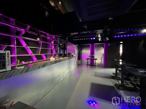 Retail Space for rent in Watthana, Bangkok - Long modern bar counter with purple accent lighting inside the venue.