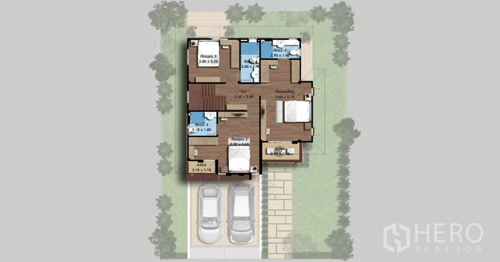 Detached House for sale in Lam Luk Ka, Pathum Thani - Upper-floor plan showing three bedrooms, multiple bathrooms and central hallway.