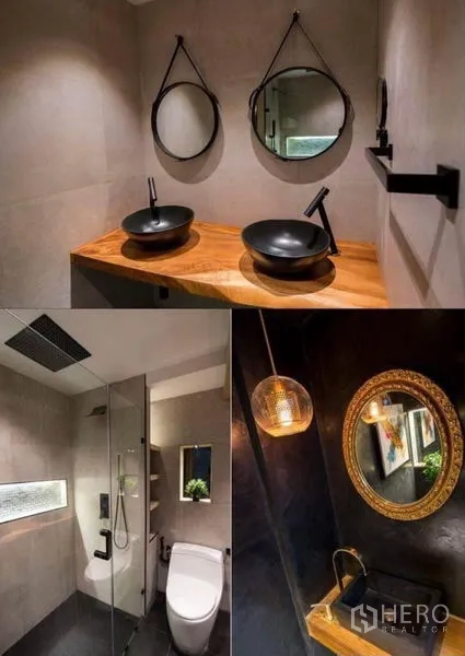 Townhouse for rent in Khlong Toei, Bangkok - Bathroom collage showing double vessel sinks on a wood counter, rainfall shower and decorative mirror.