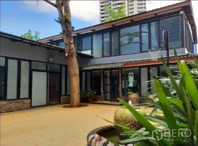Detached House for rent in Khlong Toei, Bangkok - Modern detached house courtyard with glass facade, mature tree and city backdrop in Khlong Toei