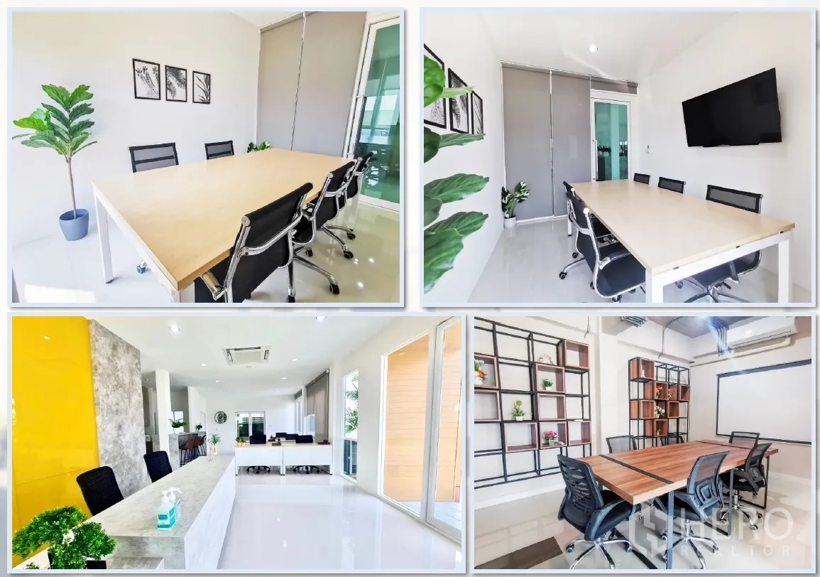Warehouse for sale in Lam Luk Ka, Pathum Thani - Collage of meeting rooms, lobby and creative workspace with shelving.