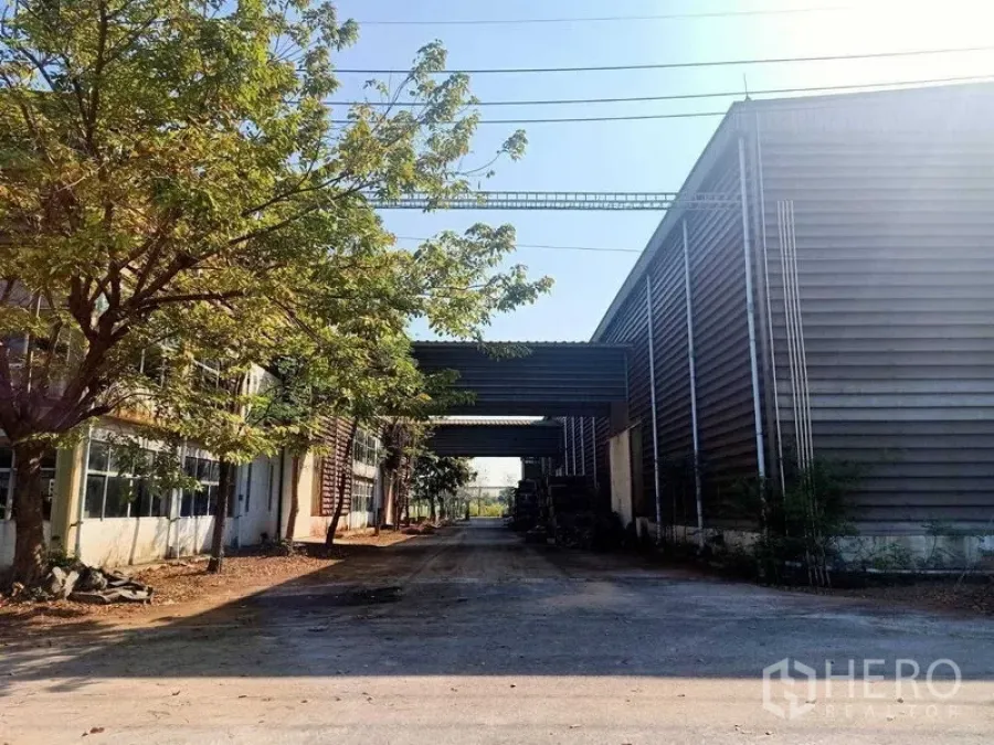 คลังสินค้า ให้เช่าในMueang Samut Sakhon, Samut Sakhon - ทางเข้าระหว่างโรงเรือนโกดัง มีร่มเงาต้นไม้และกันสาดเชื่อม