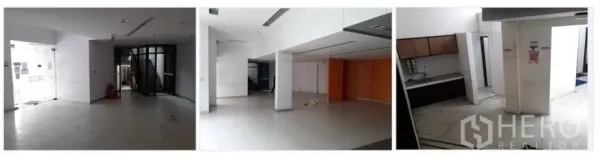 Retail Space for rent in Bang Na, Bangkok - Montage showing lobby-style entrance, spacious retail area, and a small pantry or service counter.