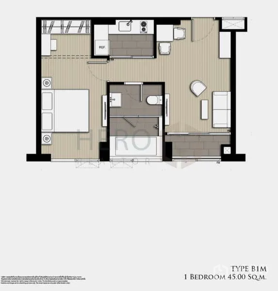 Condominium for rent - Floor plan of the 45 sqm one-bedroom Type B1M layout.