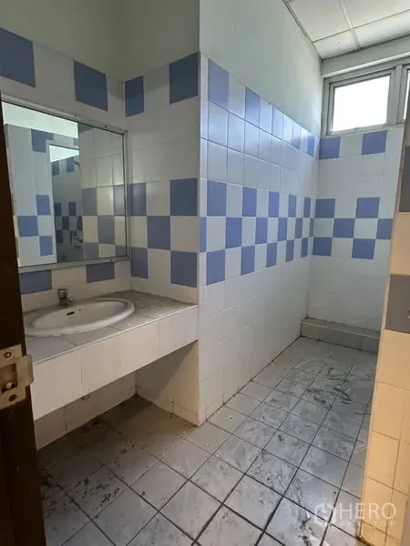 Factory for rent in Chon Buri - Restroom with white and blue checker tiles, a countertop sink, mirror, and light from a high window.